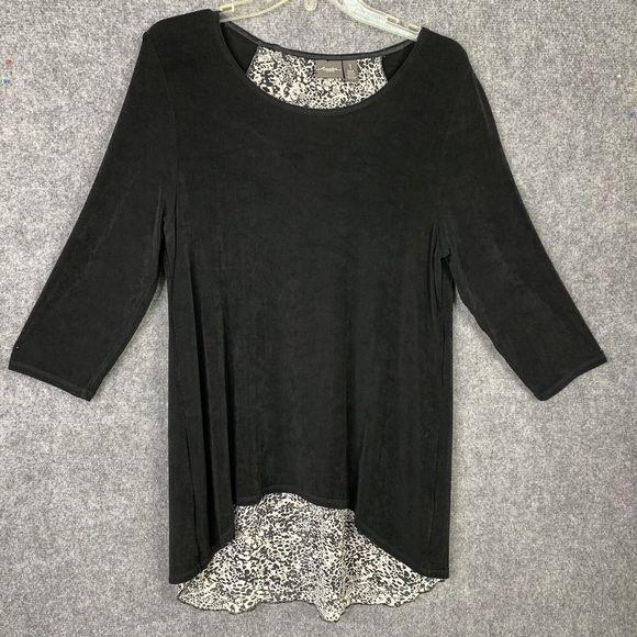 Chicos Travelers Tunic Top Women M Black With B&W Animal Print  Back 3/4 Sleeve - Picture 1 of 12